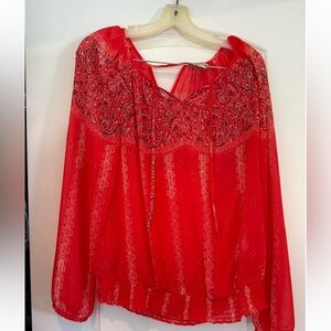 Lucky Brand Red Long Sleeve Tie Front Blouse